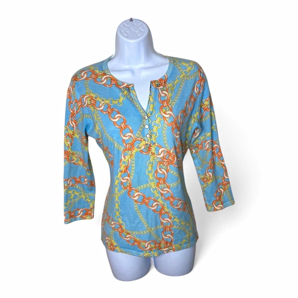 J.McLaughlin Chain Link Pattern 3/4 Sleeve Knit Henley Sweater Top Blue Orange S